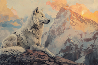 White wolf on a mountain top as the sun sets.