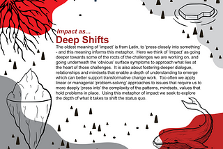 The oldest meaning of ‘impact’ is from Latin, to ‘press closely into something’ — this meaning informs this metaphor. Here we think of impact as going deeper towards some of the roots of the challenges we are working on, going underneath the ‘obvious’ surface symptoms to approach what lies at the heart of those challenges. It is also about fostering deeper dialogue, relationships and mindsets that enable a depth of understanding to emerge to better support transformational work.
