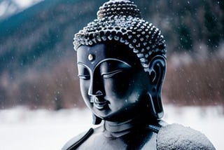 The death of a sculptor, Peter Hand. Image of a Buddha sitting in the snow. Dying Alone.