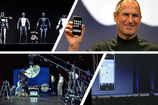From top left clockwise: Jensen Huang showcasing AI training with robotics; Steve Jobs unveiling the 1st iPhone; Sam Altman showing the audience how his first startup, Loopt, worked; the Industrial Light and Magic team creating special visual effects for Star Wars