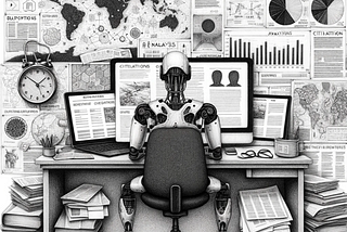 Intricate black and white pencil sketch of a humanoid robot analyzing data on computer screens, surrounded by documents labeled with file formats and a magnifying glass highlighting an analysis report, with a clock indicating the time and date.
