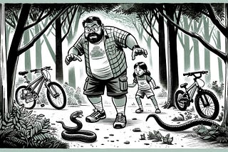 Artificial intelligence-created sketch of a father and daughter in the woods confronting a snake as trees and two bicycles are in the background.