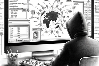 Black and white pencil sketch of a cybersecurity analyst using Maltego to investigate phishing campaigns, with multiple screens displaying network maps and data connections.
