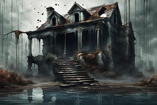 A ruined house upon the water with a dark backdrop with ink for rain.