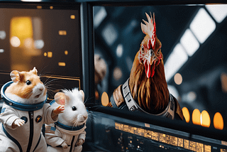 Two hamster space commanders on a video call with a rooster space admiral