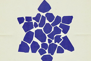 A Jewish star shaped from several blue shapes on a white background, each shape representing one of the kibbutzim in Israel that were brutalized on October 7th