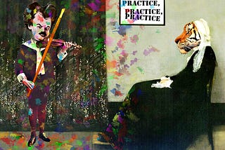 Photo-illustration by illustrator Mark Armstrong. Parody of famous painting, “Whistler’s Mother.” Mother has face of a tiger. Her young son James is playing the violin for her. He’s playing with a paint brush instead of a bow, and is splashing paint all over himself, the room, and his mother.