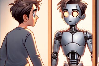 A young man with slightly tousled dark hair, big expressive eyes, and wearing a grey sweater and blue jeans, stands in front of a bathroom mirror. In the reflection, he sees a robotic version of himself with metallic features, glowing eyes, and mechanical limbs. The young man’s expression is a mix of surprise and curiosity.