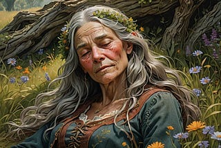 An elderly woman with long unbound grey hair and wearing a green classic fantasy styled Medieval gown lies asleep beneath a tree amongst wildflowers and long grass.