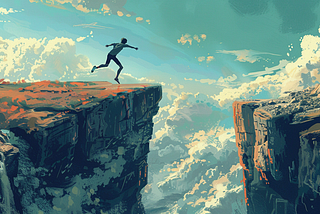 A man jumping over a chasm (and probably falling)