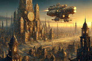 A hjovercraft flies over a futuristic steampunk cityscape.