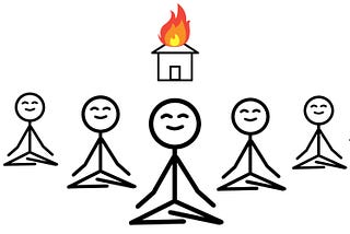 Five people meditating in front of a burning building.