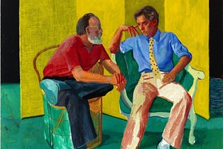 A painting of two men sitting on chairs in front of a yellow background. The other man is leaning forward and looking engaged, while the other is looking bored.