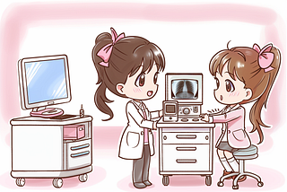 Cute illustration of a female doctor in a lab coat discussing x-ray results with a patient sitting and listening with a surprised expression.