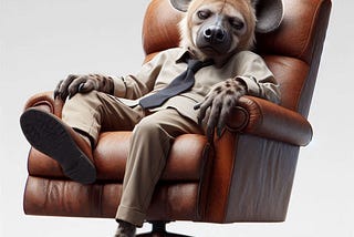 realistic image of a hyaena in working working attire slumped in a lazyboy recliner chair tired