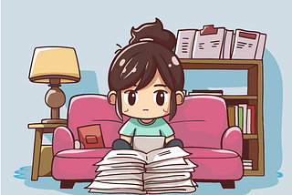 Cartoon of a woman sitting in a blue living room on a pink couch, surrounded by stacks of papers with a blank expression on her face.
