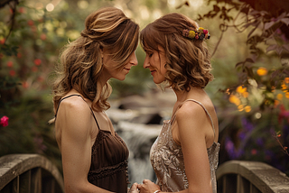 Two women stand in the middle of a bridge over a babbling brook finding the healing of a miasma they have in their relationship. Beautiful nature, trees, flowers surround them.