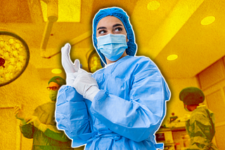 Artistic photo of a woman in scrubs in front medical staff in a hospital room