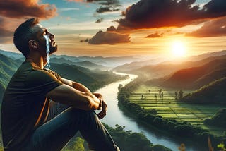 The image illustrates the emotional scene of a man reconnecting with his old self through tears in a peaceful, natural setting.