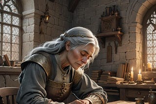 A high fantasy picture of a grey haired older woman seated writing at her desk. The room she is working in has walls of well fitted pale coloured stonework and two round topped lead lighted windows are set into the walls. There is a bench set against one wall covered with stacks of books and papers as well a a pair of candlesticks.