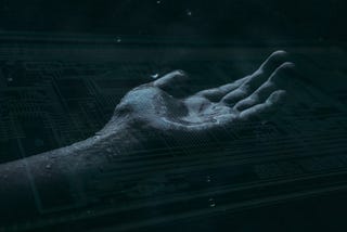 human hand reaching through faint circuit board