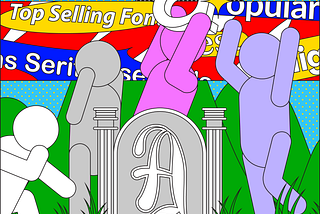An illustration of a font’s cemetery. Behind the tombstone, a person holds up a 3D Helvetica letter while the rest cheer on. Another font rises from the grave while a person sees it in shock.