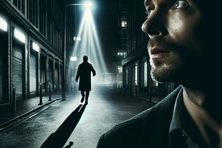 A man being followed by a shadowy figure at night, with his face illuminated by a streetlight as he looks over his shoulder.