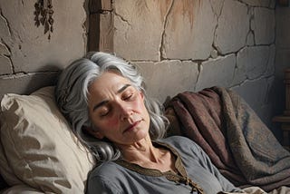 An older woman with grey hair lies asleep on a bed. Her surroundings are Medieval/High Fantasy, but are ordinary and simple.