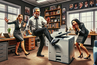 An angry man kicking a photocopier machine while two female workers in the office are scared.