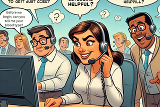 Cartoon of a group of superficially helpful customer support reps.