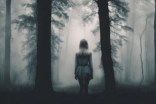 An image of Quinn walking into a misty forest.