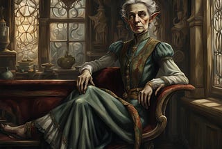 An image of an elderly half-Elf matriarch seated on a chair beside her desk in the corner of a room with ornate lead lighted windows either side of her. She is wearing a green Edwardian era day dress that would have been the height of fashion when she was young.
