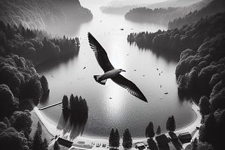 An overhead  shot of a bird flying over a lake