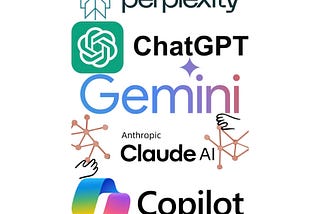 IMAGE: The logos of the generative assistants Perplexity, ChatGPT, Gemini, Claude and Copilot as ranked by The Wall Street Journal