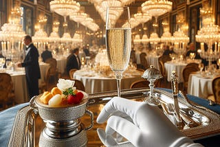 Champaign on a silver tray with a silver bowl of fruit, a white glove, and beautiful chandeliers adorn the restaurant.
