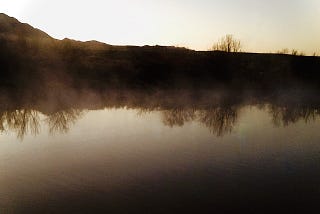 This is a photo of a portion of the Rio Grande River, showing the reflection of desert brush in the water. It is dusk, but the sky appears whitish gray and the river and river bank are sepia tones.