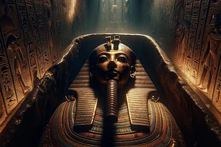 The sarcophagus of Tutankhamun in the dim light of his partly opened funeral chamber.