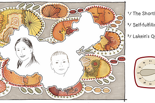 Black and white illustration of two young people with the outline of China and some abstract cells (in brown and yellow tones) behind them.