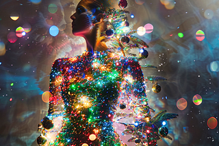 A woman inside her Merkabah tree of Light decorated with many colored ornaments that reflect all her emotions. Higher emotion ornaments are placed at the top of her tree and lower emotion ornaments are placed at the bottom of her tree of Light.