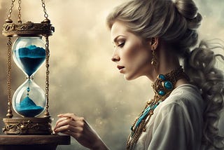 A beautiful woman stands before a large hourglass filled with blue sand that matches the gems on her necklace.