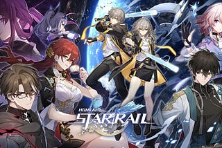honkai star rail official image with male and female protagonists in the center. Himeko, Welt Yang and two other characters are present on the left side of the picture, while Dan Heng and March 7th are present on the right side.