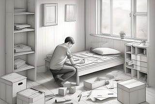 A greyscale drawing of a man crouching over a bed reading instructions while assembling furniture