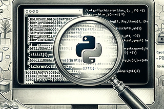 A black and white pencil sketch of a computer screen displaying Python code with a magnifying glass highlighting part of the script, against a backdrop of cybersecurity and blockchain symbols.