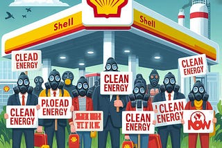 Shell station with protestors