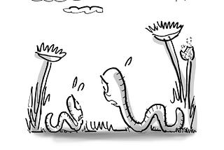 Gag cartoon created by illustrator Mark Armstrong. A contrite-looking father worm is speaking to his son who looks shocked and distraught: “I’m afraid your friend Timmy is right, son — we DO eat dead bodies.”