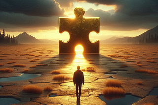 generate an image of a person walking through a barren moor towards a puzzle piece which is golden and shiny