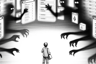 A detailed black and white pencil sketch depicting a user surrounded by digital screens with shadowy figures reaching for floating strings of numbers and letters, symbolizing wallet addresses in a Web3 environment.