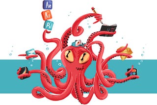 An octopus juggling several icons of design tools and drawing on a sketchbook with its tentacles.