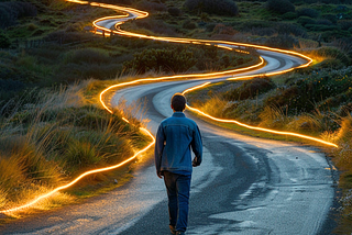 A Starseed man walks a long and winding road lit with Light all the way.