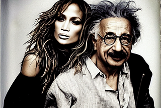 A realistic-looking, AI-generated image of Jlo (Jennifer Lopez) leaning against Albert Einstein from behind. They look casual and relaxed as if they are on vacation.